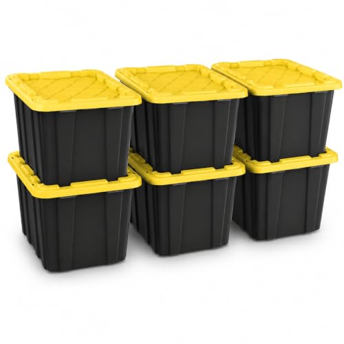 Image of 6-Pack 27Gal Stackable Storage Bins with Lids, Heavy Plastic, Black Yellow