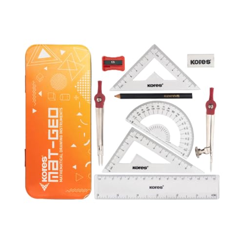 Image of Kores Mat-Geo Geometry Box for Students | Mathematical Drawing Instrument Box with Compass, Divider, Protractor, Set Squares, Scale, Pencil, Eraser & Sharpener | School & Exam Use