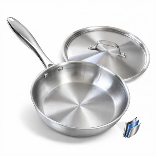 Image of Fortune Candy 8-Inch Fry Pan with Lid, 18/8 Stainless Steel Skillet, Oven Safe to 450°F, Induction Compatible, Dishwasher Safe
