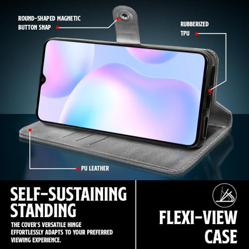 Image of WOW IMAGINE Shock Proof Flip Cover Back Case for Xiaomi Mi Redmi 9A | 9i | 9A Sport (Magnetic Button Flip Case | Wallet Pockets & Stand | Leather Finish | Aquamarine)