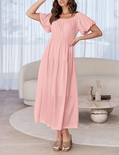 ZESICA Women's Sexy Boho Off Shoulder Puff Short Sleeve High Waist Ruffled Flowy A Line Beach Party Midi Dress2