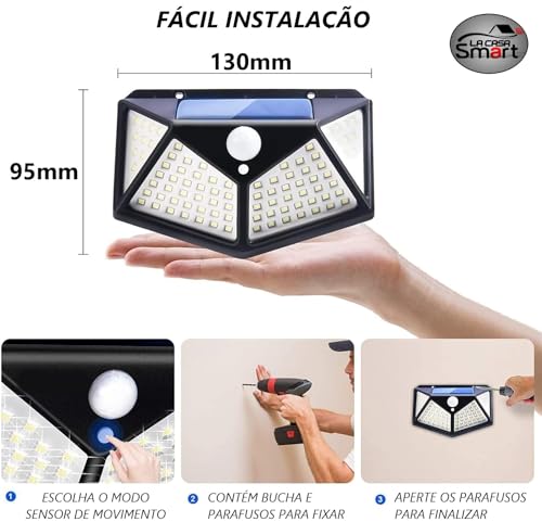 Luminária Energia Solar Arandela 100 Led Com Sensor De Presença - Resistente A Água Para Parede (1)