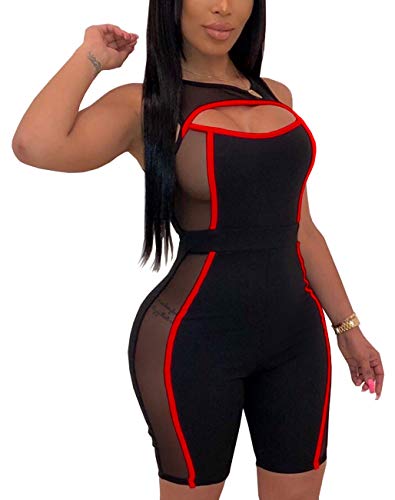 SeNight Women's Sexy Sleeveless Rompers Bodycon Hollow Out See Through Sheer Mesh Short Pants Jumpsuits Stretchy Clubwear in Summer Black Red