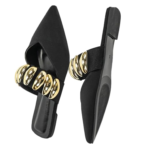 Women's Metal Instep strap Flat Clogs Mules Punk Closed Pointed Toe Suede Fashion Slippers Sparkly Comfortable Backless Slip on Slides