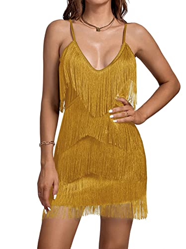 Image of Umenlele Women's Layered Fringe Deep V Neck Cami Mini Dress Sleeveless Tassels Flapper Party Dresses Ginger Small