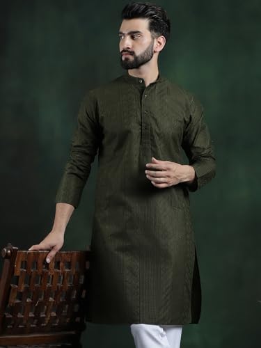 Image of SOJANYA (Since 1958 Men's Pure Cotton Checked Embroidered Long Kurta | Traditional for Diwali Celebrations
