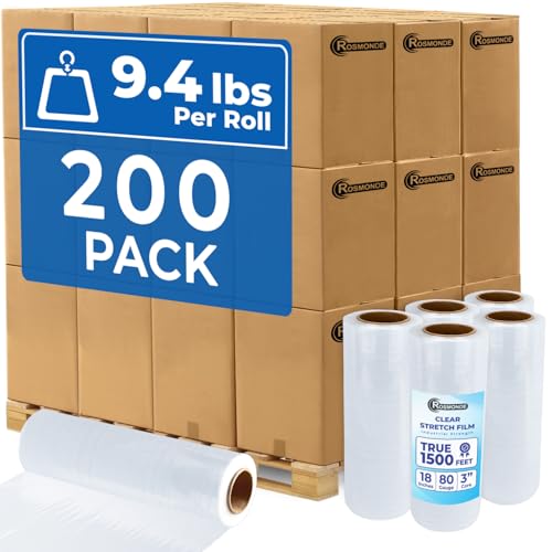 Rosmonde 200 Pack Plastic Wrap Bulk, 18" x 1500 ft, Thick 80 Gauge,9.4 lbs Heavy Duty Shrink Wrap Rolls, Clear Plastic Pallet Wrap Puncture Resistant Industrial Strength, Bulk Stretch Wrap for Moving