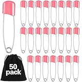 50 Pieces Diaper Pins Safety 2.2 Inch Plastic Head Cloth Diaper Nappy Pins with Locking Closures Stainless Steel with Velvet Bag(Pink)