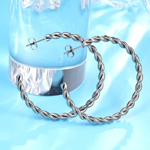 Limerencia Hypoallergenic G23 Pure Titanium Big Open C Hoop Earrings, Lightweight Cubic Zirconia Cuff Huggie Earrings For Women Girls Sensitive Ears (42Mm Twisted Rope Hoop, Silver) #TOP2