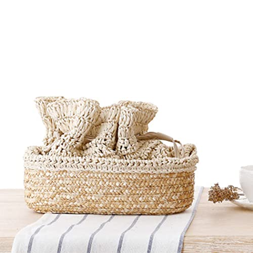 Image of Women Knapsack Crochet Woven Straw Backpack with Leather Straps Shoulder Bags Drawstring Backpack Summer Holiday Beach Tote Beige Rucksack