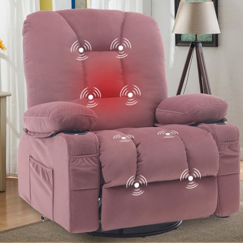 Image of REFICCER Recliner Chairs for Adults, Pink Rocker Recliners with Massage and Heat, Overstuffed Fabric Swivel Glider with Cup Holder Side Pocket, Manual Reclining Single Sofa Chair for Living Room