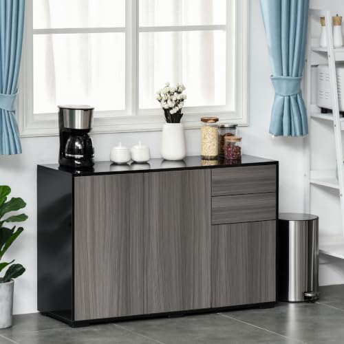 HOMCOM High Gloss Sideboard Push-Open Design with 2 Drawer Light Grey Black - Image 2