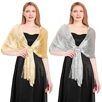 VOSSOT Lot de 2 étoles pour robe de soirée, écharpes à paillettes argentées pour femme, boléro festif élégant pour soirée, robes de mariée, robes de soirée, vêtements de tous les jours, or, M