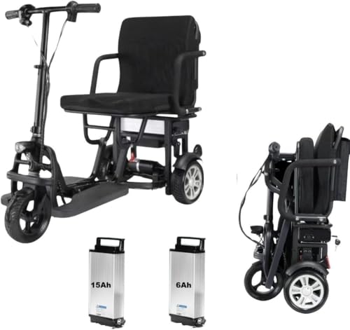 Folding Mobility Scooter for Seniors & Adults, Foldable 3 Wheel Mobility Vehicle, Removable Long Range Battery, Rear Bag, Lightweight, 2 Batteries Included 15Ah and 6Ah