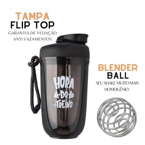 Coqueteleira Shakeira Whey para Academia e Treino com Misturador e Alça Esfera Mola Frase Hora do Tr
