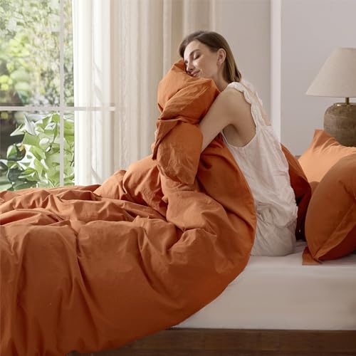 Bedsure 100% Washed Cotton Duvet Cover Queen Size - Burnt Orange Minimalist Cotton Duvet Cover Linen Like for All Seasons - GentleSoft™ Plain Simple Bedding (Burnt Orange, Queen, 90"x90")