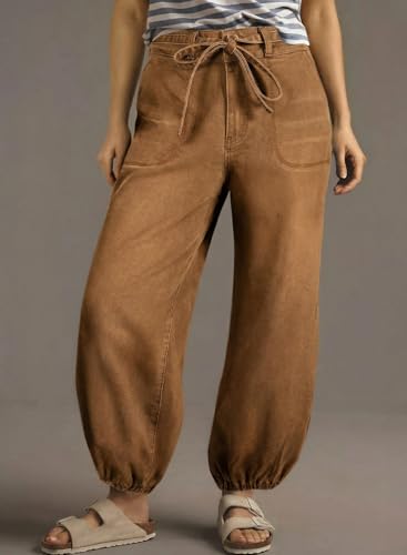 Sidefeel Jeans for Women High Waisted Wide Leg Stretchy Baggy Barrel Jeans Drawstring Harem Loose Ankle Denim Joggers Brown Size 8 — view 3