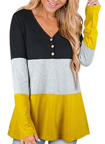 Ranphee Womens Color Block Long Sleeve Henley T Shirts Cotton Plus Size Tunic Tops M