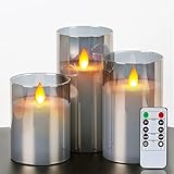 5plots Grey Glass Flickering Flameless Candles, Battery Operated LED Pillar Candles with Remote...