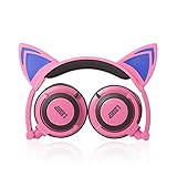 Kids Safe Headphones,LESHP Flashing Glowing Cosplay Fancy Cat 3.5MM Ear Headphones Foldable Over-Ear Gaming Headsets Earphone with LED Flash Light - Pink