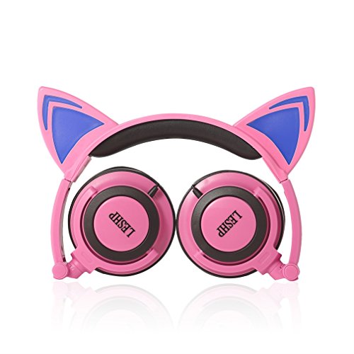Kids Safe Headphones,LESHP Flashing Glowing Cosplay Fancy Cat 3.5MM Ear Headphones Foldable Over-Ear Gaming Headsets Earphone with LED Flash Light - Pink