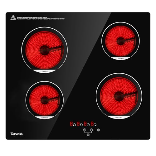 TOPWISH Glaskeramikkochfeld 60cm, Cerankochfeld, Glaskeramik Herdplatten mit 4 Kochzonen, Kochplatten, Kochfeld mit Glaskeramik, Restwärmeanzeige & Überhitzungsschutz