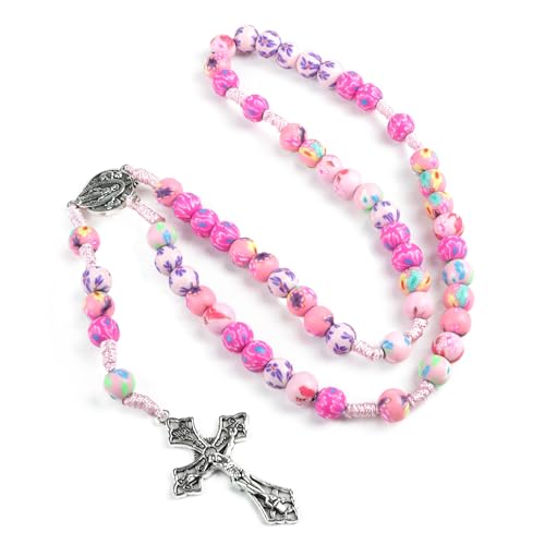 Needzo Floral Pink Cord Rosary, Colorful Prayer Bead Necklace, 16.5 Inches