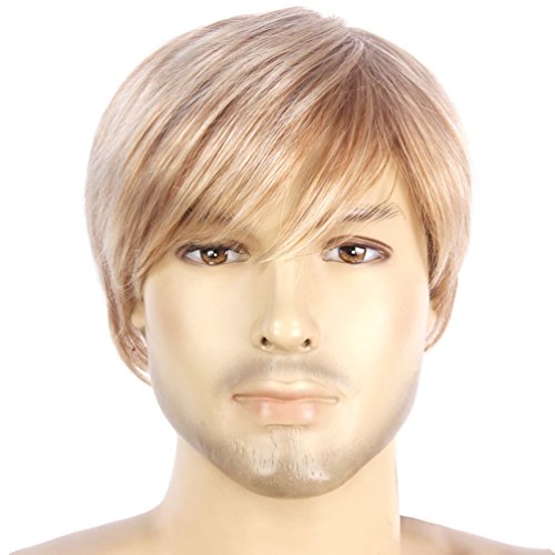 GOTTA Daily Wearing Short Straight Blonde Wigs for Men Kanekalon Synthetic Boys Wig Cap with Bang Side Part Layered Party Wigs Full Hair Replacement Wig (T27/613)