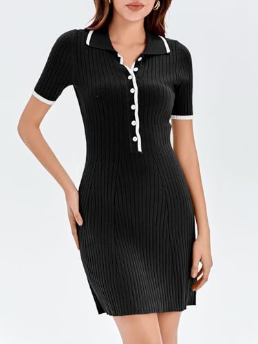 Saodimallsu Womens V Neck Short Sleeve Slim Fit Bodycon Sweater Dress Button Up Ribbed Knit Mini Summer Dresses2