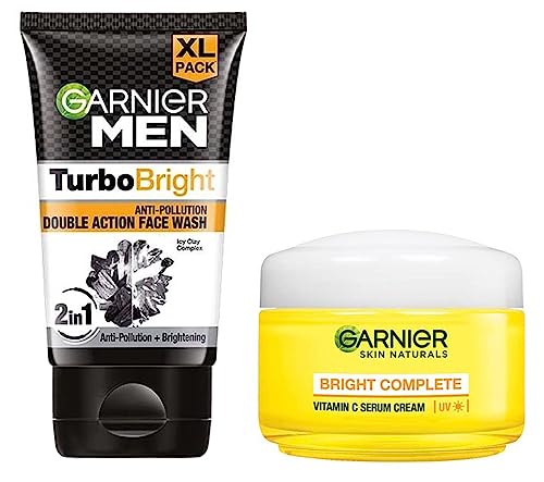 Image of Garnier Men, Face Wash, Brightening & Anti-Pollution, TurboBright Double Action, 150 g & Garnier Bright Complete Vitamin C Serum Cream UV, 45g