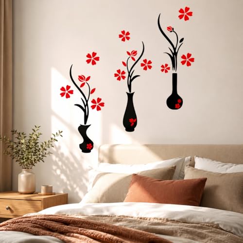 Image of DreamKraft Black Vase Red Floral Wall Sticker, Large PVC Vinyl Flower Vase Wall Decal for Bedroom, Living Room and Hallway Decor, 107 x 125 cm