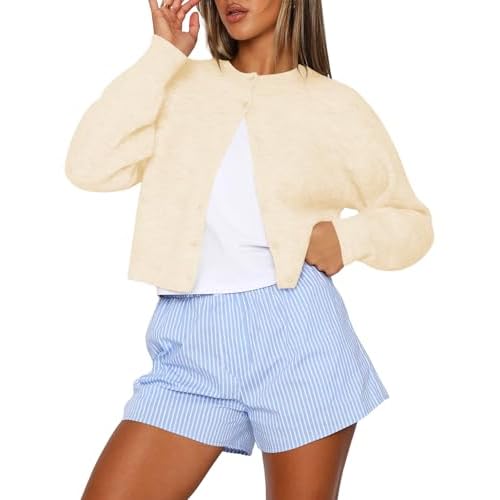 Kistore Womens Cropped Cardigan Sweaters Crew Neck Long Sleeve Button Up Sweaters Lightweight Knit Trendy Sweaters 2026 A-beige X-Small