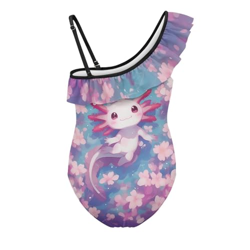 Image of WELLFLYHOM Axolotl Girls One Piece Swimsuits 3-14 Ruffle One Shoulder Bathing Suits Full Coverage Beachwear