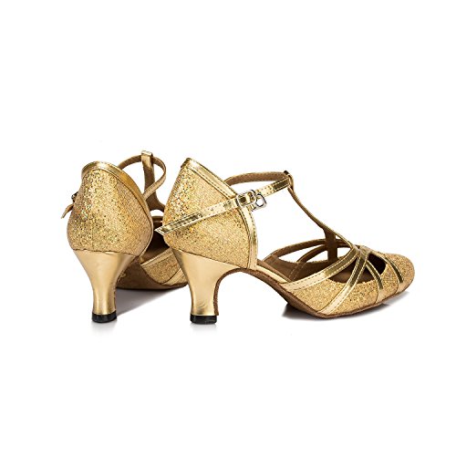 Minishion Women's T-Strap Dance Heels Glitter Salsa Ballroom Shoes Wedding Party Pumps QJ6133 Gold 6cm Heel US 9