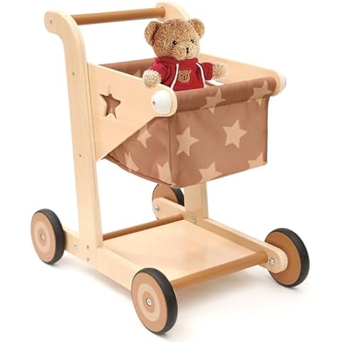 Asweets 2 in 1 Wooden Baby Walker Push and Pull Doll Stroller,Shopping Cart Learning Walker for Boys and Girls Sit Stand Learning Walker Toddler Toy (Brown) Cover