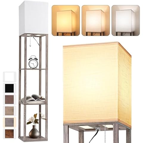 Floor Lamp with Shelves for Living Room Oak Gray, Shelf Floor Lamp with 3 CCT LED Bulb, Corner Display Standing Column Lamp Etagere Organizer Tower Nightstand with White Linen Shade for Bedroom Office Cover