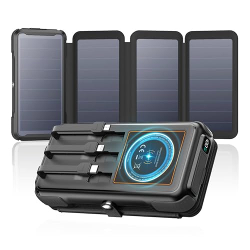 A ADDTOP Solar Power Bank 25000mAh - Wireless PowerBank mit 3 Integrierten Kabelns - 20W...