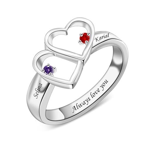 Personalized Promise Rings for Women, Custom Mothers Rings with 2-8 Birthstones for Mother's Day, Engraved Family Name Ring Heart Jewelry Gift for Mom Grandma Her