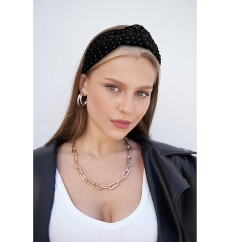 Yission 1Pc Pearl Knotted Headband For Women Non Slip Beaded Headband Wide Pearl Headbands For Women Jeweled Embellished Hairband Black Head Band Hair Accessories For Women Girls thumb #1