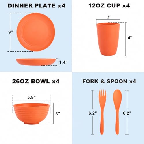 Image of Kids Wheat Straw Dinnerware Sets for 4, 20 Piece Unbreakable Dinnerware Set, Plates and Bowls Sets, Kitchen Plates and Bowls Set, Lightweight Dish Set for Picnic, Camping, and Daily - Orange