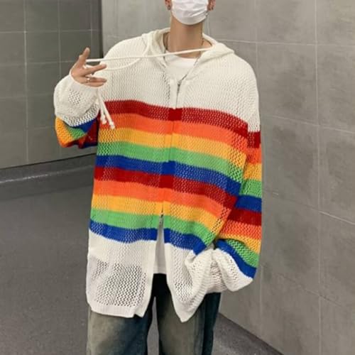 HZCX FASHION Mens Women Hollow Out Crochet Knit Hooded Shirt Long Sleeve Lightweight Streetwear Rainbow Sweater Zip Up Hoodie4