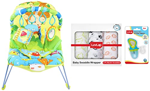 Image of Luvlap Go Fishing Baby Bouncer with Soothing Vibration and Music (Multi Color) & Muslin Swaddle Animals White & Silicone Food /Fruit Nibbler with Extra Mesh, Soft Pacifier /Feeder