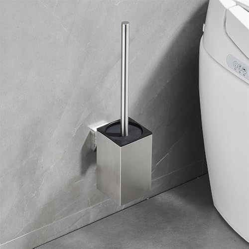 Image of Wall Mount Toilet Brush and Holder Set Stainless Steel Square Toilet Bowl Cleaners Modern Toilet Brush Bathroom Accessories (Brushed Silver)