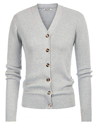 GRACE KARIN Women's Solid Color Cardigan Sweaters Button Down V Neck Tops (S,Rib-Light Grey Heather)