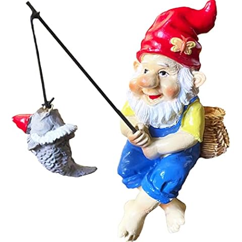 MasGo Fishing Gnome Mini Sitter Statue, Fishing Gnome Garden Statue, Resin Garden Gnome Statue, Funny Outdoor Lawn Garden Gnome Statue Decoration Cover