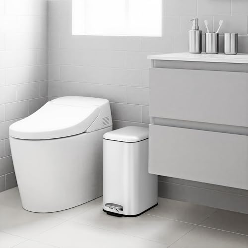 Image of GarveeHome 3.2 Gal Slim Trash Can, Step Garbage Can with Soft-Close Lid, Stainless Steel Recycling Bin Waste Container with Removable Inner Bucket for Kitchen, Bathroom, Office, White