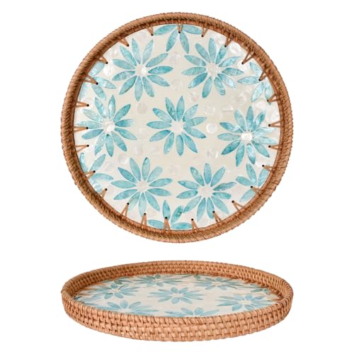 Vintage Tablett aus Rattan mit Muschel, Handgewebtes Dekoratives Serviertablett, Rattan Serviertablett Rund für Frühstück, Getränke, Snacks, Desserts, Brot, Kerze, Früchten (Blaues Sonnenblumen) Vintage Tablett aus Rattan mit Muschel, Handgewebtes Dekoratives Serviertablett, Rattan Serviertablett Rund für Frühstück, Getränke, Snacks, Desserts, Brot, Kerze, Früchten (Blaues Sonnenblumen)