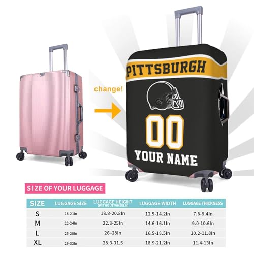 Image of Custom Pittsburgh Luggage Cover Personalized Football Style Suitcase Cover with Name Number Customized Washable Elastic Sports Travel Suitcase Protector for Business Vacation Gifts