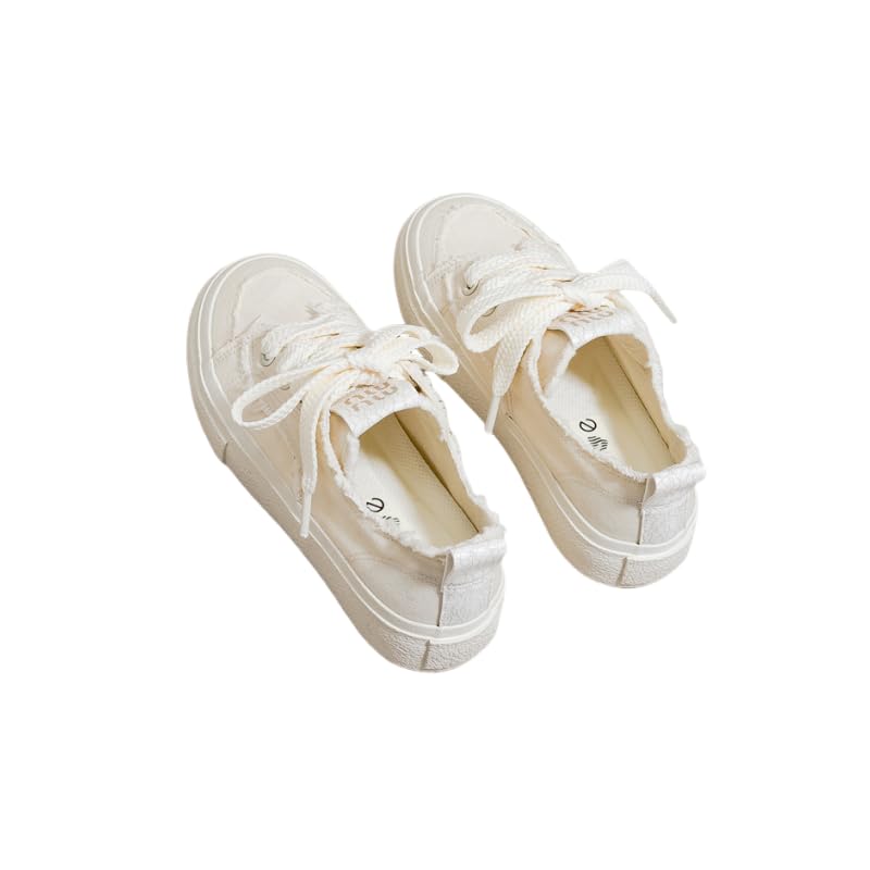 Women's Canvas lace-up Sneakers, Solid Color Casual Skateboard Canvas Shoes (Off-White,8.5)