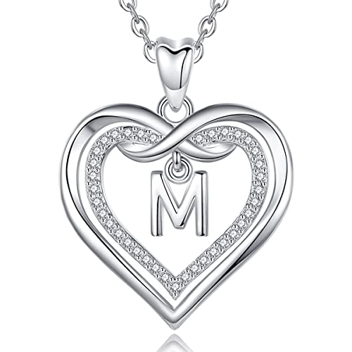 Vito 925 Sterling Silver Initial Necklace for Women, Cubic Zirconia Double Heart Letter Pendant, 18